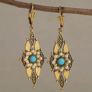 Gold and Turquoise Pearl Accent Earrings